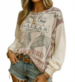 NEW THE NU VINTAGE women's dallas thermal top in white multi
